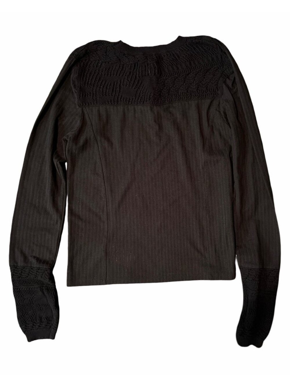 Free People M Black "Colette" Long Sleeve Pointelle Ribbed Crochet Knit Top - Picture 3 of 8